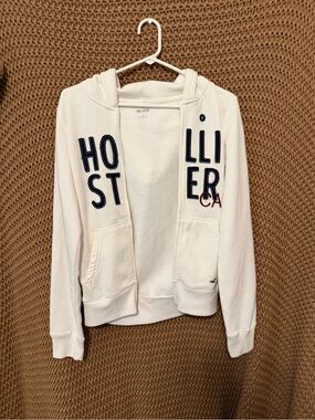 Hollister White Full-Zip Hoodie with Navy Lettering